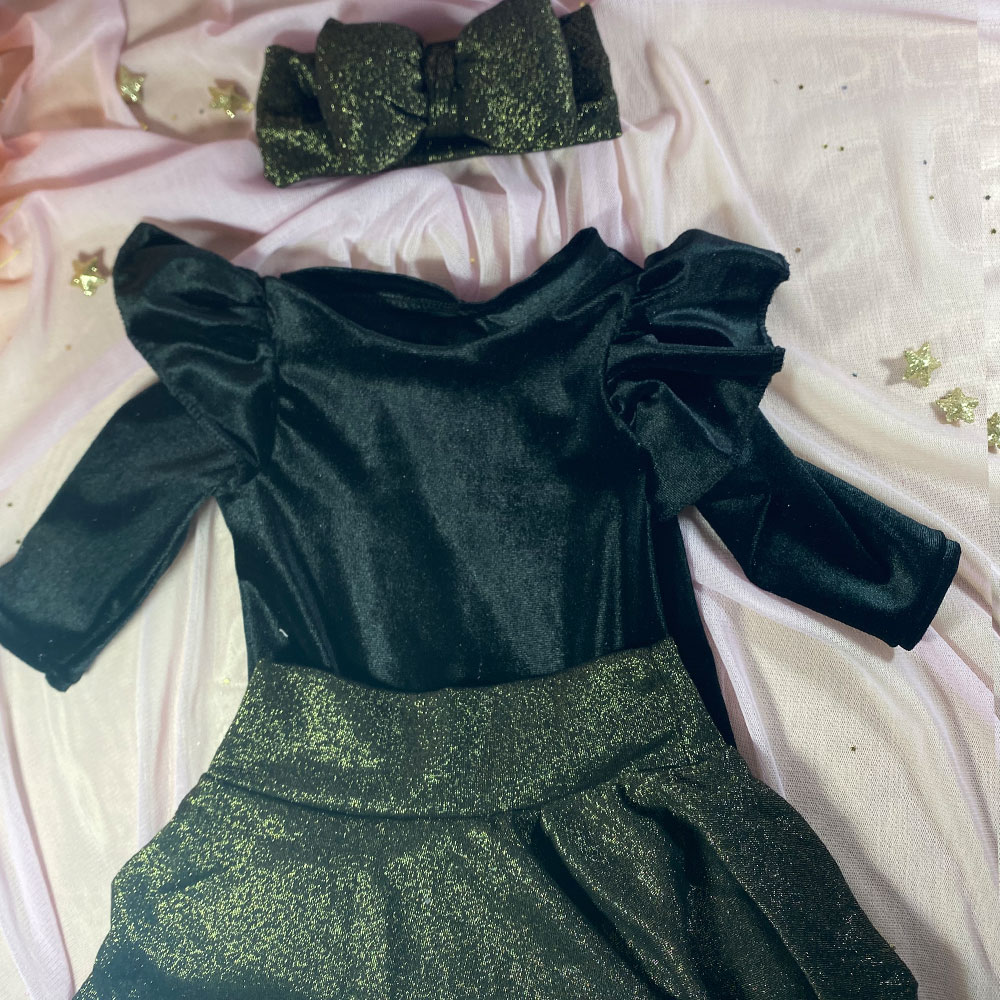 036_3 Σετ μαύρο βελούδινο κορμάκι μαύρο με φούστα χρυσή μαύρη και κορδέλα - Image 1