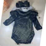 Βρεφικό Παιδικό Κορμάκι Μαύρο-Χρυσό Γυαλιστερό με Κορδέλα - Image 2