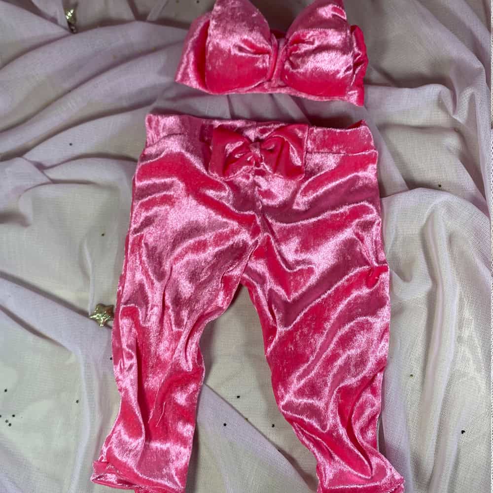 035_1 Βρεφικό Παιδικό Σετ Κολάν και Κορδέλα Βελούδινη Ροζ - Image 1