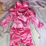 Βρεφικό Παιδικό Σετ Κορμάκι Κολάν και Κορδέλα Βελούδινο Ροζ